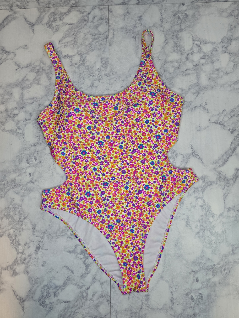 Forever 21 Neon Floral Cutout One-Piece Swimsuit XL